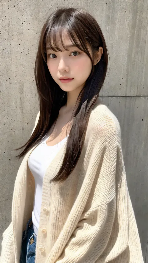 (top-quality、16K resolution)女の子1人、独奏、natural soft light、small tits、A Japanese Lady、Looking at the camera、white long sleeve knit cardigan、Concrete background、Facing the front、is standing、bobhair、Woman in her late teens、Light bangs、short-hair、Salon model、Nat...