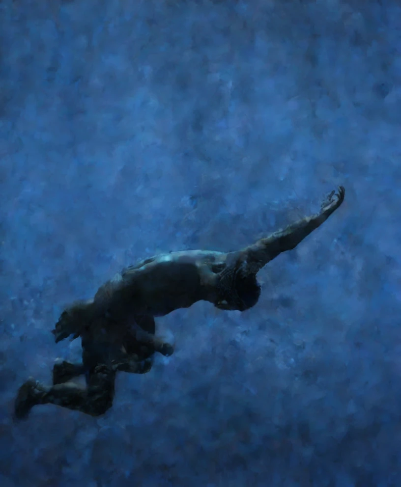 there is a naked black man sinking in the water, swimming deep underwater, thalassophobia, octane render aesethic, swimming underwater, swimming through the ocean, closeup cinematic aquatic scene, swimming in ocean, sinking underwater, stunning cinematogra...