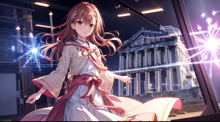 Misaka mikoto, 1girl, teen girl, kawaii, solo, chestnut hair, hairpin,brown eyes, standing, looking at viewer,ethereal white robe,praying beads on neck, long skirt,greek Acropolis flowers field,anime style,deep depth of field,wide angle view,Lumen Reflecti...