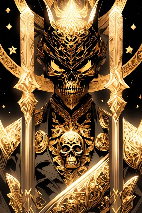 (best quality, highres, ultra-detailed:1.2), black and gold skull logo, dark, mysterious, sinister, detailed skull, intricate de...