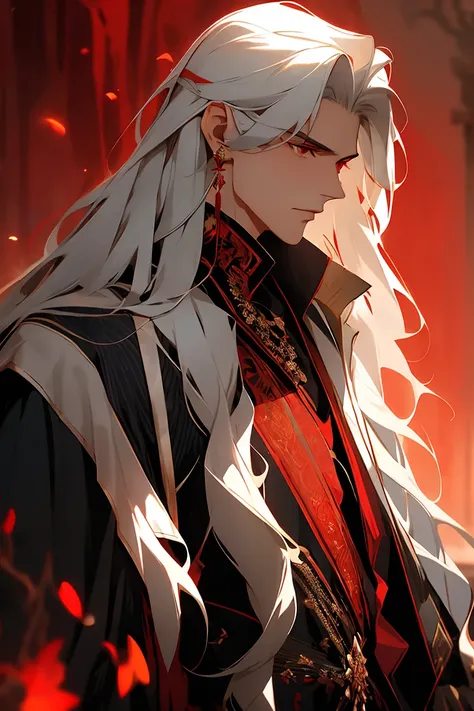 1 Men， AS-Adult， （ember）， rnlong hair， highr，  silber hair， red eyes， mature，  serious， messy hair style， exquisite costumes， iintricate， depth of fields，dynamicposes，Dramatic composition