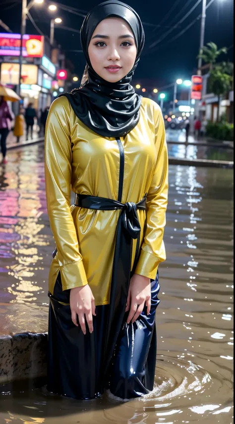 RAW, Best quality, high resolution, masterpiece: 1.3), beautiful Malay woman in hijab (iu:0.8),Malay woman in hijap with baju Kurung standing in the water, wet look, she is wearing a wet coat, in the wet street of Jakarta, beautiful girl sitting in the rai...