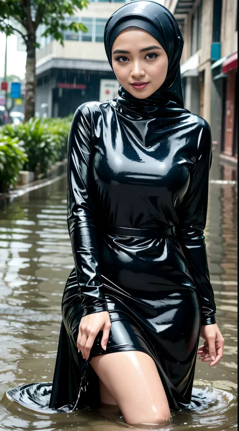 RAW, Best quality, high resolution, masterpiece: 1.3), beautiful Malay woman in hijab (iu:0.8),Malay woman in hijap with baju Kurung standing in the water, wet look, she is wearing a wet coat, in the wet street of Jakarta, beautiful girl sitting in the rai...