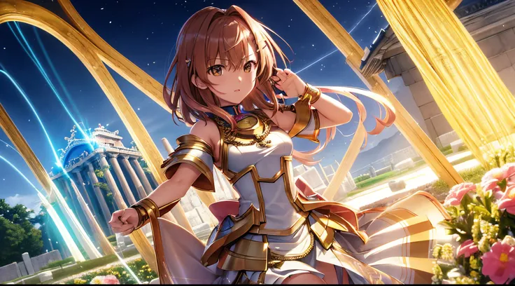 Misaka mikoto, 1girl, teen girl, kawaii, solo, chestnut hair, hairpin,brown eyes, standing, looking at viewer,golden saint seiya armor,praying beads on neck, long skirt,greek Acropolis flowers field,anime style,deep depth of field,wide angle view,Lumen Ref...