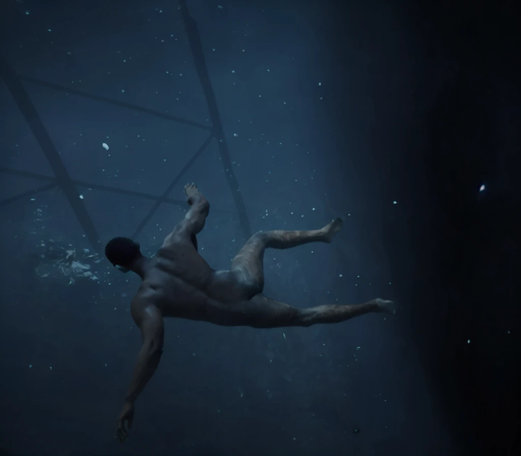 there is a naked black man that is swimming in the water, swimming deep underwater, body in water, swimming underwater, in a underwater horror scene, thalassophobia, sinking underwater, floating under water, swimming through the ocean, under water swimming...