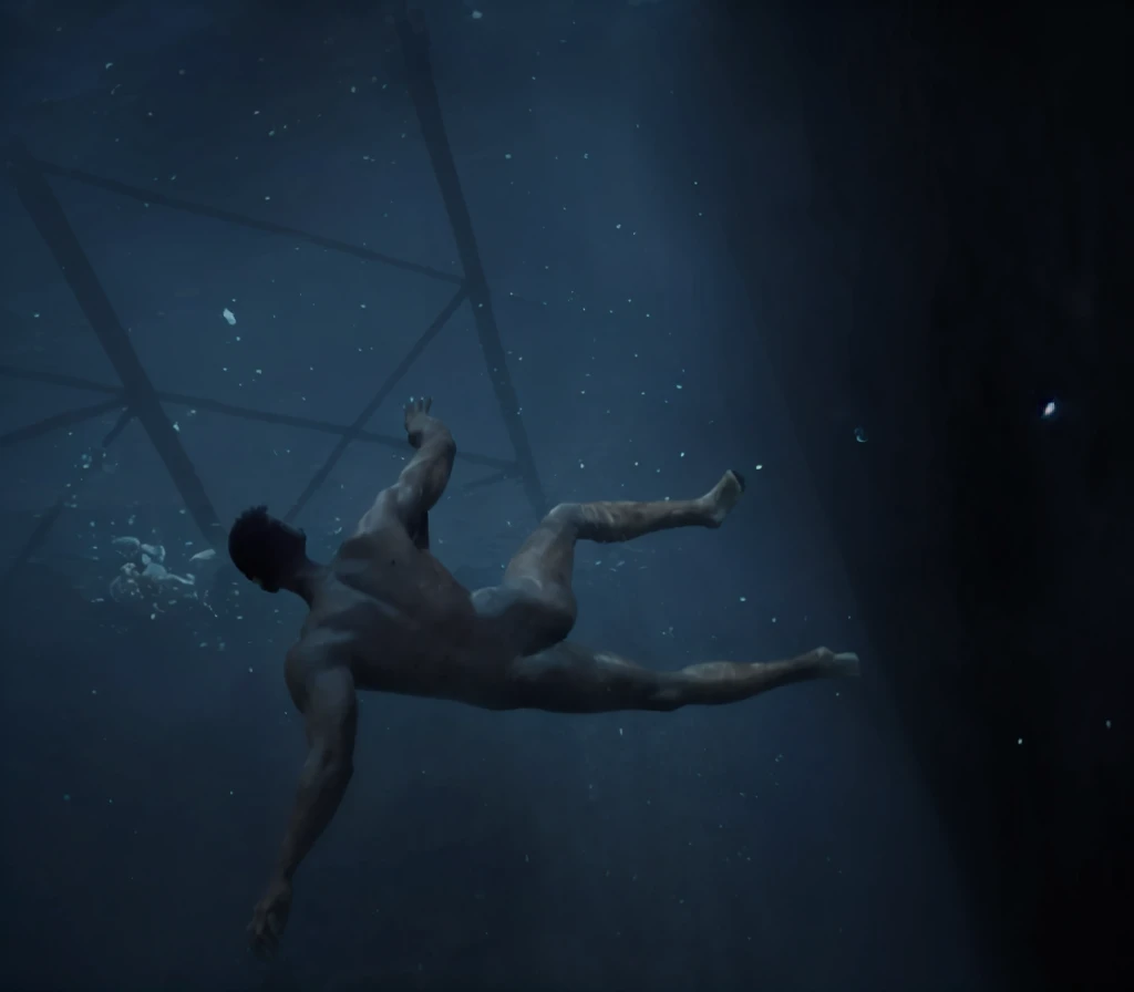 there is a naked black man that is swimming in the water, swimming deep underwater, body in water, swimming underwater, in a underwater horror scene, thalassophobia, sinking underwater, floating under water, swimming through the ocean, under water swimming...