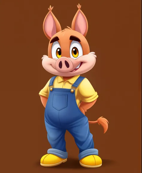 Bubba the pig, tiny toons style, blue overalls, yellow eyes, full body view