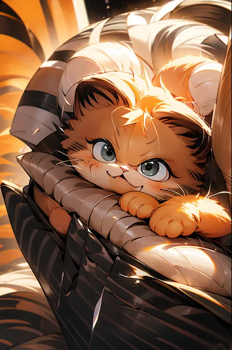 garfield cartoon, cute orange tabby persian kitten sitting in bed, (black stripes:1.5), huge eyes