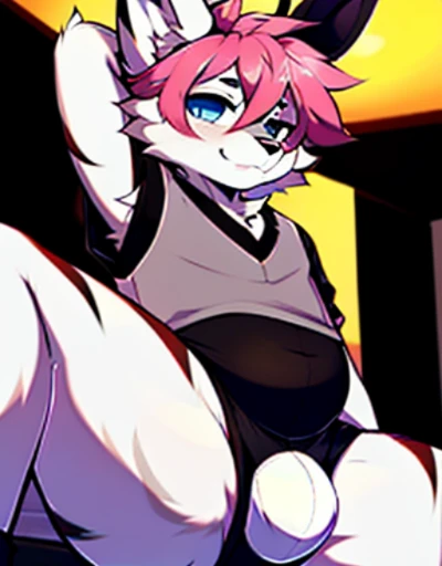 (coffee:1.1), e621, Dog-1, bunny, anthro, femboy, solo, tight black cothing, white fur, looking up perspective, perspective from tiny, (he is looking down at the tiny), curvy thighs, huge thighs, blep, bunny-1 furafinity, bunny-1 you tuber, bunny , black o...