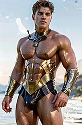 Fantasy, hyperrealistic oil painting portrait photo, art by john william waterhouse; Charles Dana Gibson; charlie bowater; Alphonse Mucha;, of (1 men) 25 y.o, musculine, man in royal regalia wearing a golden wonder woman armor style, covered with diamond. ...