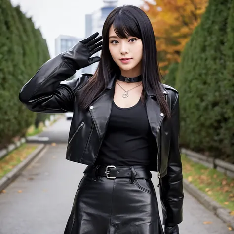 Black leather gloves　Black Leather Double Riders Jacket　Black leather long boots　Black Leather Skinny Pants　a black T-shirt　a necklace　Black hair straight long　耳Nipple Ring　Cute schoolgirl in Japan