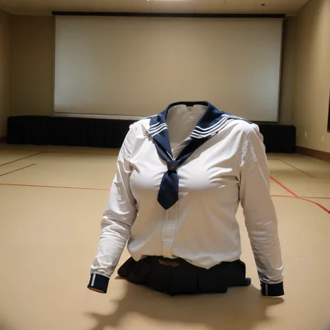 chubby, fat, sailor suit, school uniform, classroom, high school, ((Seductive pose)), (invisible:1.5, no humans:1.5, headless:1.5, faceless:1.5), ((cute huge breasts)), (8k, RAW photo, best quality, masterpiece:1.2), (realistic, photo-realistic:1.37), phot...