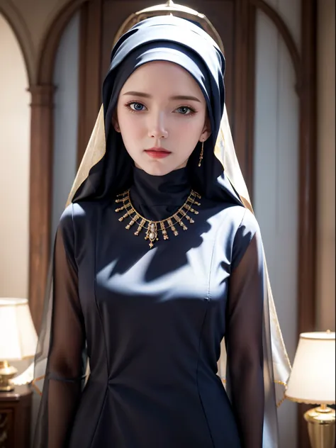 best quality, masterpiece, highres, moslem female dress, necklace, jewelry, beautiful face, upon body, tyndall effect, photoreal...