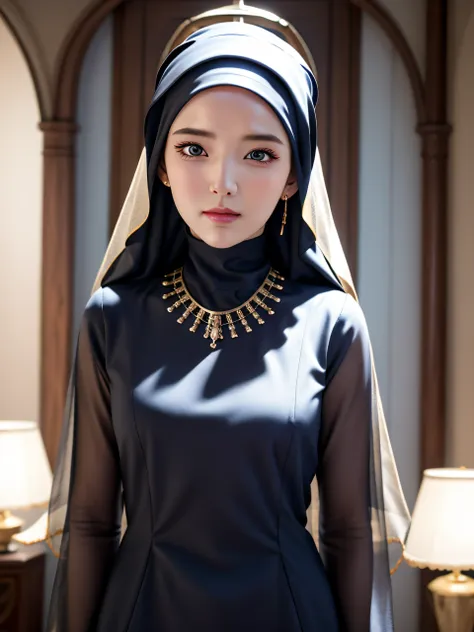 best quality, masterpiece, highres, moslem female dress, necklace, jewelry, Beautiful face, upon body, tyndall effect, photorealistic, dark studio, rim lighting, two tone lighting,(high detailed skin:1.2), 8k uhd, dslr, soft lighting, high quality, volumet...