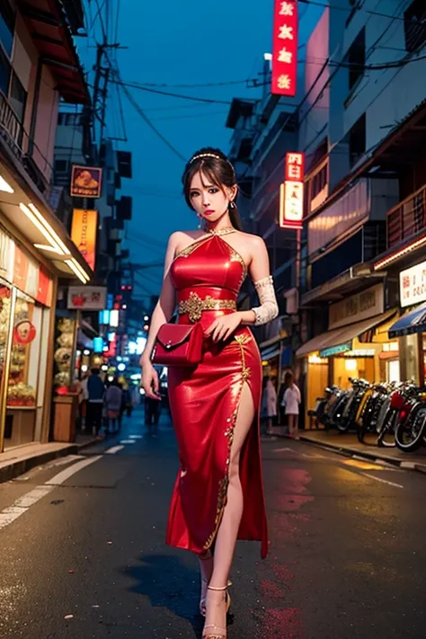 1girl, Thailand street,night, cityscape,city lights, full body, 8k, RAW photo, best quality, masterpiece,realistic, photo-realistic,wear thai traditional dress