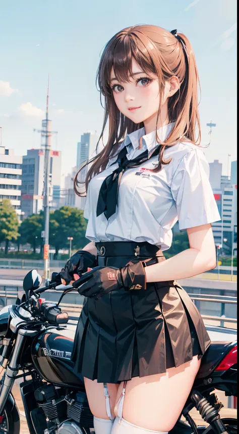 Japan schoolgirl riding motorcycle,a miniskirt、White panty、beautiful thigh、Beautiful panties、beautiful  Girl、Beautie、Beautie、lolicon hentai、Beautiful panties、beautiful thigh、beautiful  Girl、Beautie、Happy!!!, , motor cycle,[ photos realistic ]!!, hight reso...