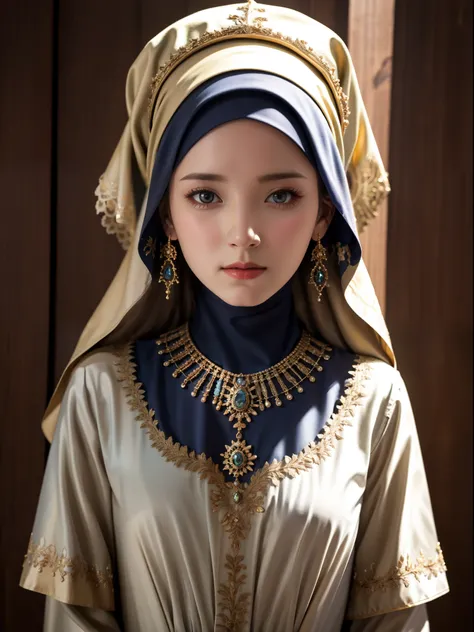 best quality, masterpiece, highres, moslem female dress, necklace, jewelry, Beautiful face, upon body, tyndall effect, photorealistic, dark studio, rim lighting, two tone lighting, 8k uhd, dslr, soft lighting, high quality, volumetric lighting, candid, Pho...