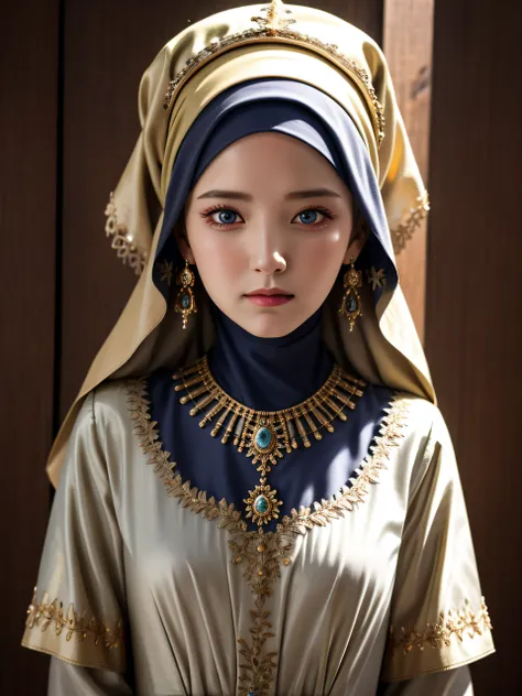 best quality, masterpiece, highres, moslem female dress, necklace, jewelry, Beautiful face, upon body, tyndall effect, photorealistic, dark studio, rim lighting, two tone lighting, 8k uhd, dslr, soft lighting, high quality, volumetric lighting, candid, Pho...