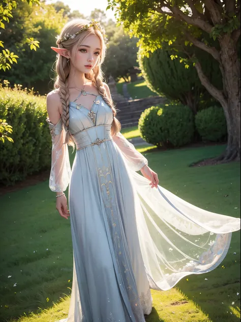 Graceful elven girl standing in meadow, Delicate face illuminated by the soft light of the setting sun. Her long, Flowing hair runs down your back, Decorated with intricate braids、Adorned with sparkling gemstones. This great photo is、、、It captures the ethe...