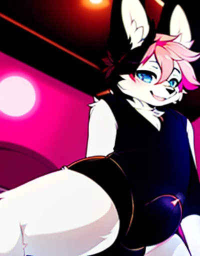 (coffee:1.1), e621, Dog-1, bunny, anthro, femboy, solo, tight black cothing, white fur, looking up perspective, perspective from tiny, (he is looking down at the tiny), curvy thighs, huge thighs, blep, bunny-1 furafinity, bunny-1 you tuber, bunny , black o...