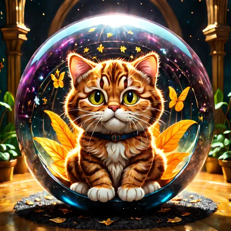 (symmetrical:1.3), (solo:1.3), (cute cartoon style:1.3), epic, (((inside a magical sphere))) ((Garfield)) the iconic tabby, masterpiece, 4k, highly detailed, shiny