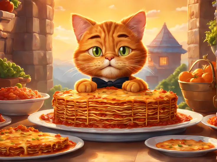 (symmetrical:1.3), (cute cartoon style:1.3), (solo:1.3), (Garfield), the iconic orange tabby, finds himself in a lasagna paradise, Garfield stumbling upon a magical lasagna festival where there are endless trays of his favorite dish, masterpiece, 4k, highl...