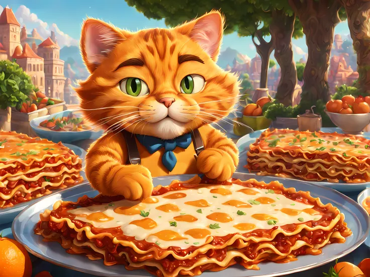 (symmetrical:1.3), (cute cartoon style:1.3), (solo:1.3), (Garfield), the iconic orange tabby, finds himself in a lasagna paradise, Garfield stumbling upon a magical lasagna festival where there are endless trays of his favorite dish, epic fantasy scenery, ...