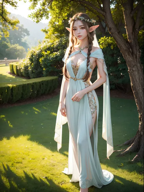 Graceful elven girl standing in meadow, Delicate face illuminated by the soft light of the setting sun. Her long, Flowing hair runs down your back, Decorated with intricate braids、Adorned with sparkling gemstones. This great photo is、、、It captures the ethe...