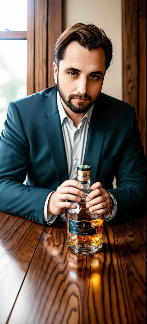 there is a man sitting at a table with a bottle of liquor, very fancy whiskey bottle, fancy whiskey bottle, drinking whiskey, po...