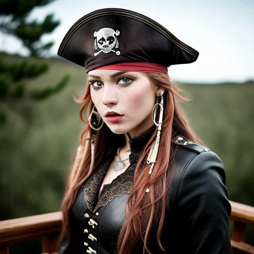 1800’s dark fantasy heavy metal. Teen Lisa black pink as pirate girl. (pirate ship night desolation). freckles. slender and beautiful. standing. intricate detail. Black leather outfit. vibrant colors.Red eyes.