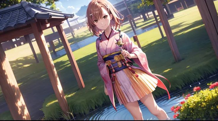 Misaka mikoto, 1girl, teen girl, kawaii, solo, chestnut hair, hairpin,brown eyes, standing, looking at viewer,smile,kimono,praying beads on neck, long skirt,colorful flowers field in background,anime style,deep depth of field,wide angle view,Lumen Reflecti...