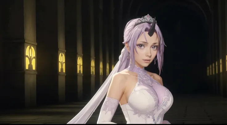 in a dark room with columns and lights behind her, Standing, at attention, white_dress,wedding_dress,bridal_veil,bare_shoulders,elbow_gloves, single_horn,demon horn, purple_hair,purple_eyes,rose, 1 girl, 20yo,mature female,Beautiful Finger,Beautiful long l...