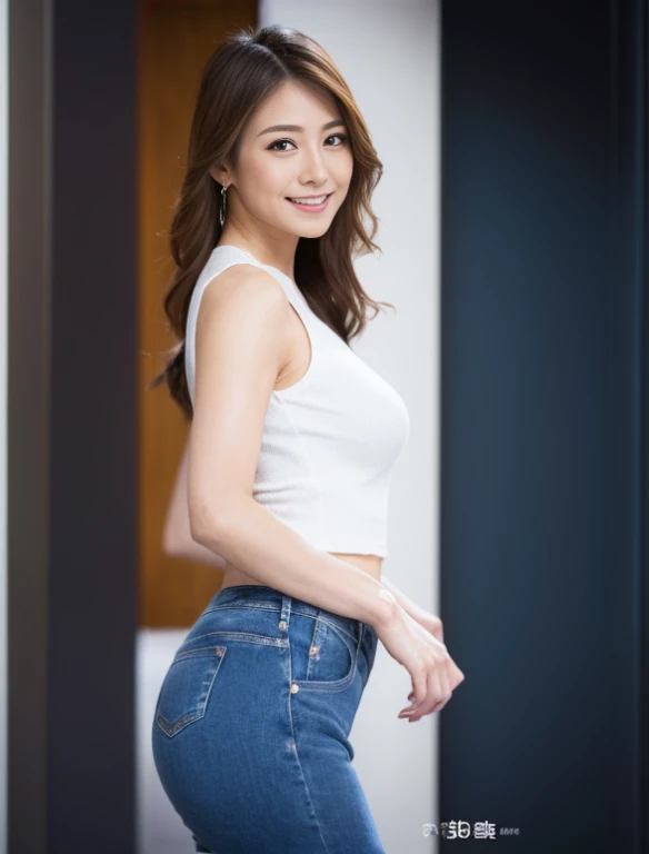 Arahd Asian woman posing for a photo wearing white tank top and blue jeans, close up half body shot, Wearing tight simple clothes, Wearing a sexy cropped top, photo of slim girl model, thin waist, Tight shirt, close up to a skinny, wearing crop top, wearin...