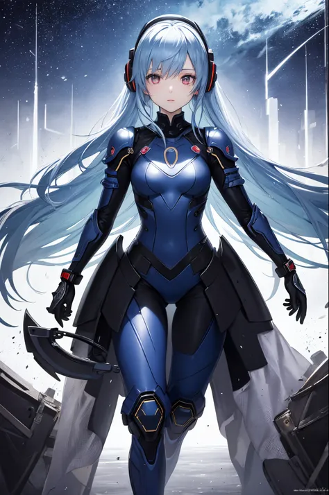 ultra-detailliert、anime illustrated、2D Beautiful Girl、top-quality、Top image quality、​masterpiece、超A high resolution、android beautiful girl、sixteen years old, Glowing Blue Cyber Suit, White headphones、Blue long-haired,Red Eyes、A slender、The face is depicted...