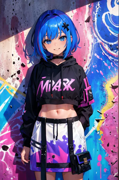 masterpiece, high quality, absurdres, highres, absurdres, ultra-detailed, 8k, 1girl, short hair, azure hair with coloured tips, gradient hair, looking at viewer, multicoloured eyes, colorful hoodie, colourful splashes, (graffiti murals wall background:1.15...