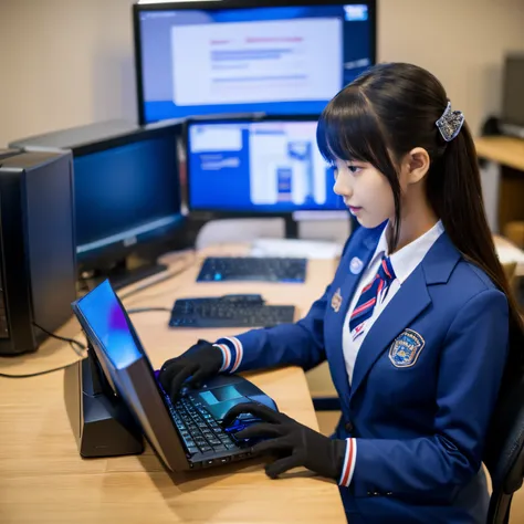 Dark blue blazer uniform、Blue shirt、Blue ribbon、Black leather gloves、hi-school girl、Operating a laptop computer on the desk