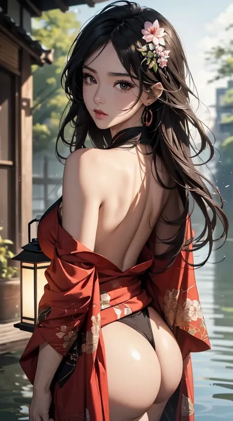 (((8k wallpaper of extremely detailed CG unit, ​masterpiece, 超A high resolution:1.2, top-quality:1.2, masutepiece))), ((extremely beautiful lady, Not wearing underwear:1.5, Face your butt to the viewer, Pull up your hair with your hands, Half of my butt is...