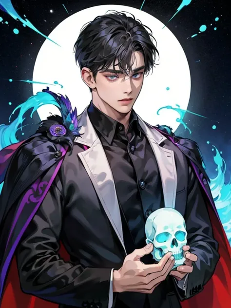 1boy,10 talents、(Mans :2) ,Handsome boy,A dark-haired , fringe hairstyle、(Upper body:1.5)、suit、mid night 、ink and watercolor painting, dark ilumination、hightquality、masterpiece,8K, fringe hairstyle, warlock outfit, black cape, white shirt, blue eyes, backg...