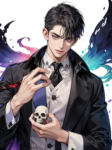 1boy,10 talents、(Mans :2) ,Handsome boy,A dark-haired , fringe hairstyle、(Upper body:1.5)、suit、mid night 、ink and watercolor painting, dark ilumination、hightquality、masterpiece,8K, fringe hairstyle, warlock outfit, black cape, white shirt, blue eyes, backg...