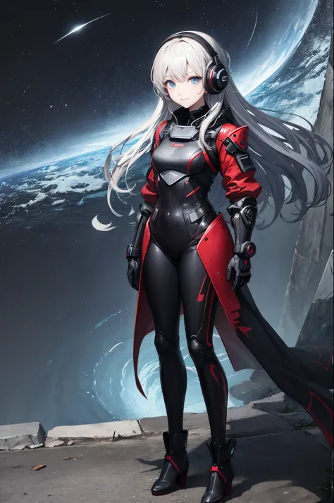 ultra-detailliert、anime illustrated、2D Beautiful Girl、top-quality、Top image quality、​masterpiece、超A high resolution、android beautiful girl、sixteen years old, Glowing red cyber suit, black headphones、Silvery long-haired,Blue Eyes、A slender、The face is depic...