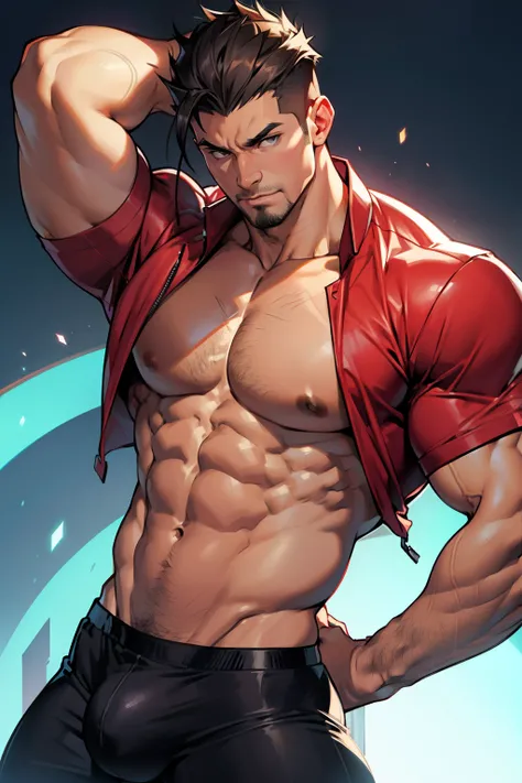 male, wearing tight shirt, fluffy chest, chest up bust shot, big chest, centered shoulders up view, thicc, insanely inflated hips, chest, formless breasts, big shoulders, extremely masculine muscular character, erotic, huge bulge