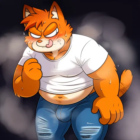 Garfield, Solo, mature male, cat, orange tabby fur, orange body, white eyes, huge eyes, detailed hands, orange hair, medium hair, messy hair, short, fatty , weak, unathletic, , stinky, smelly, sweaty, sweat, steam, steamy, dirty white shirt, ripped jeans, ...