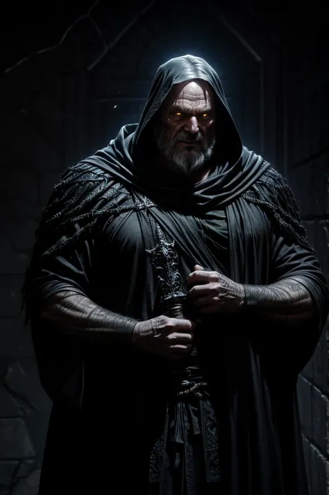 Lord Malgrim wears a dark, flowing cloak that seems to absorb the light around him.. The fabric is intertwined with shadows, emanating an aura of darkness. Your eyes are deep and burning, exibindo um brilho sinistro. Lord Malgrim&#39;s skin is pale, cadave...