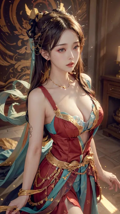 (original photo, Bestquality), (realistic, photo of-realistic:1.3 pcs), Bestquality, Extremely Detailed, a masterpiece、, Hyper-Detailed, illustration、, 1 a girl, (huge boobs，cleavage), dynamic angle, world mastery theater, cluttered_long_hair,Bestquality, ...