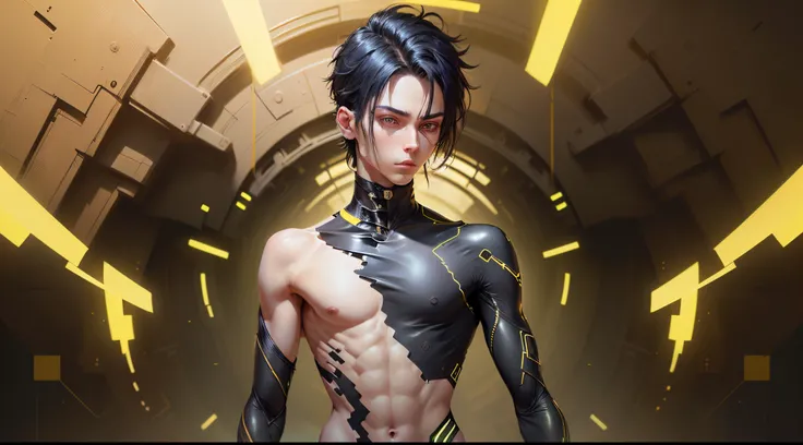 An androgynous and feminine boy with neck-length black hair and yellow-green eyes wearing a tight-fitting, futuristic black ninja suit that shows off his curves., ademas tiene una ninjato en su mano