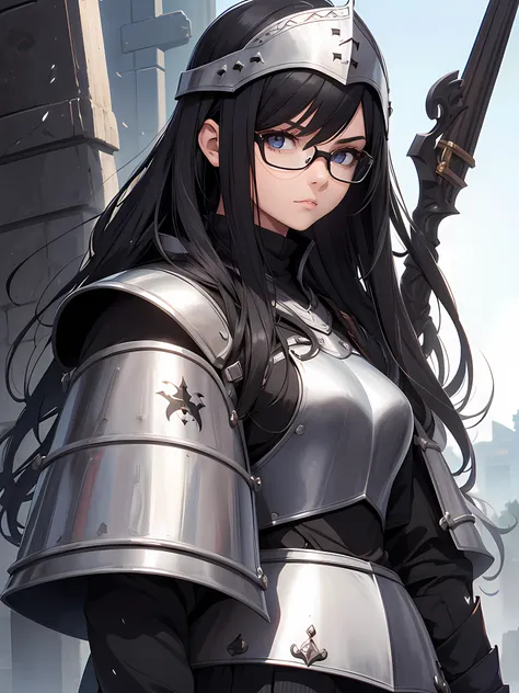 woman, age 18, black hair, detailed eyes, wearing glasses, wearing knight armor, knight helmet, ready for battle