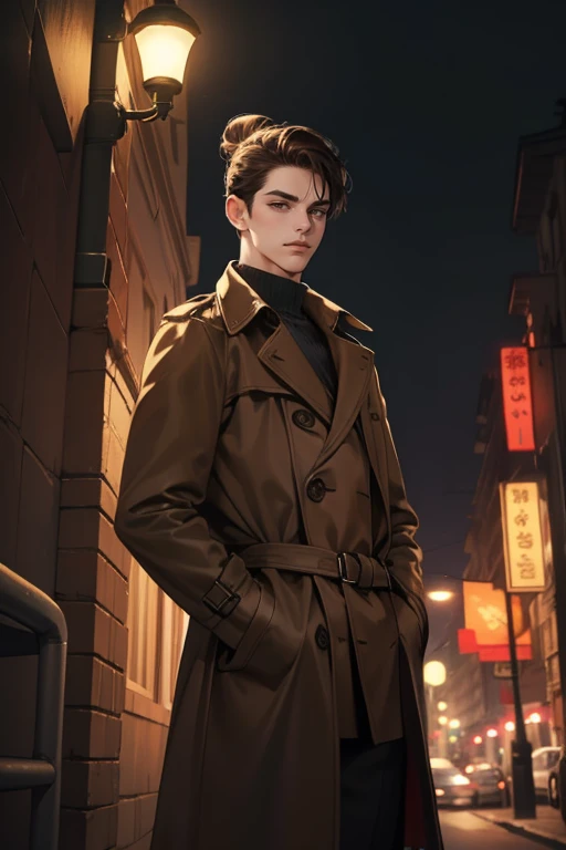 masterpiece, best quality, realistic, 1man, mature male, quiet and charming young man, 25 years old, serious look, extremely detailed face, ((dark brown eyes)), ((man-bun hairstyle)), [thick eyebrows], background: city at night, ((Dressed in a brown trench...