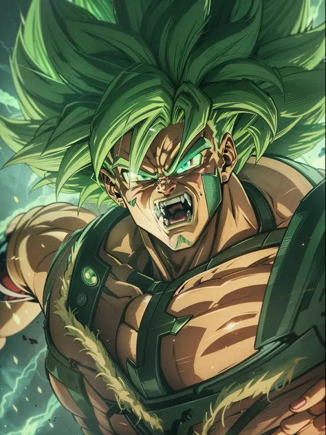 1man, super broly, dragon ball super, japanese manga, unleashed powers, green hairs, broly powers are unleashed, green lighting, cinematic art, 8K resolution