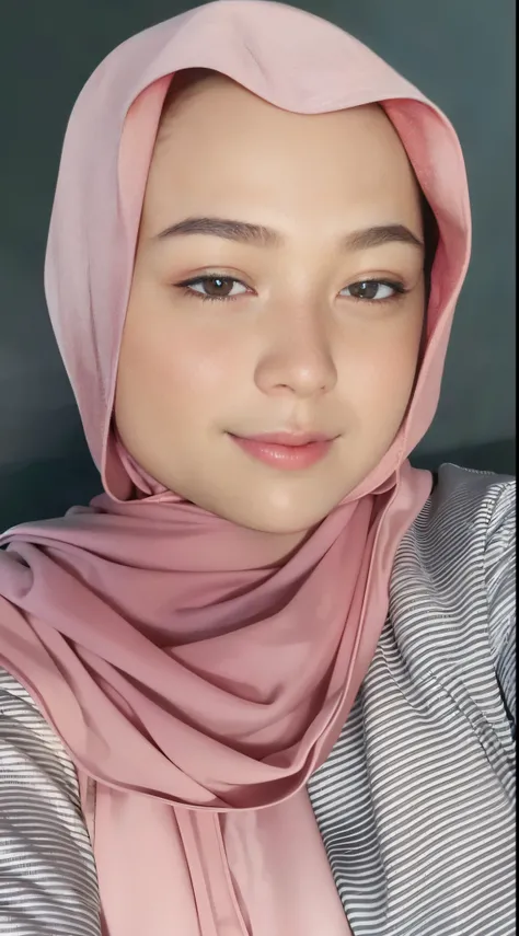 a close up of a woman wearing a pink scarf and a gray shirt, 8k selfie photograph, with accurate face, neutral face, close up potrait, beuatiful face, milky white skin, feminine face, with kind face, asian face, semi realism, with round face, face picture,...