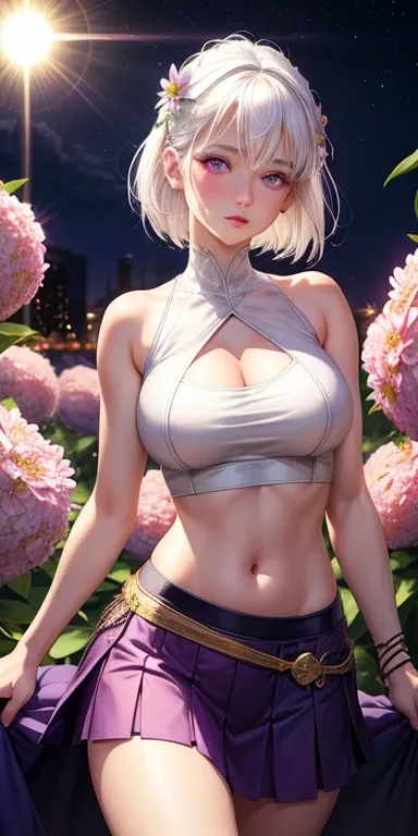 realistic, 1girl, white hair, purple eyes, glowing eyes, crop top, skirt, parted lips, blush, night, flowers, sun, sunlight, cleavage